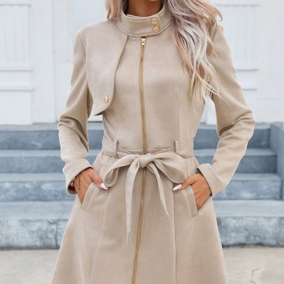 Khaki Preppy Womens Zip Up Belted Coat - Picture 2 of 5